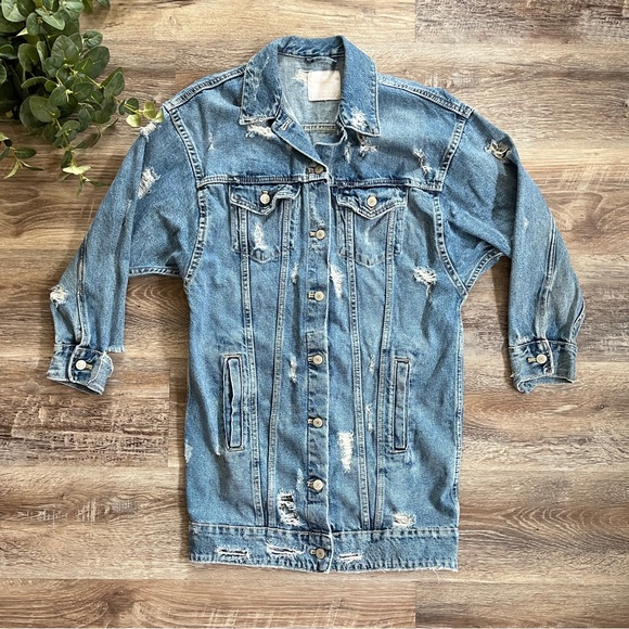 Zara Women's Distressed Button Down Long Length Medium Wash Denim Jacket - Picture 10 of 16